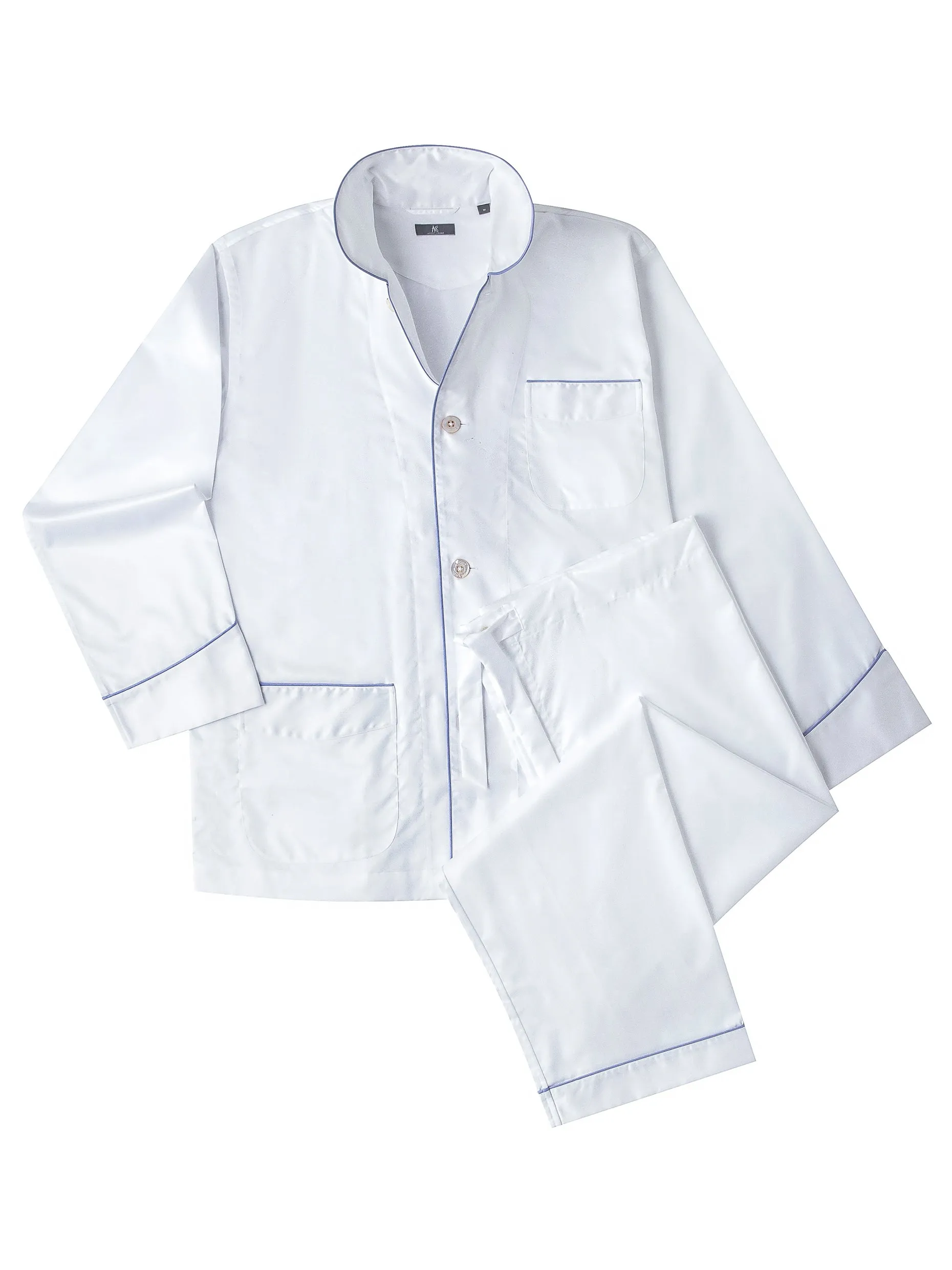 120s Cotton Twill White with Blue Piping Pajamas