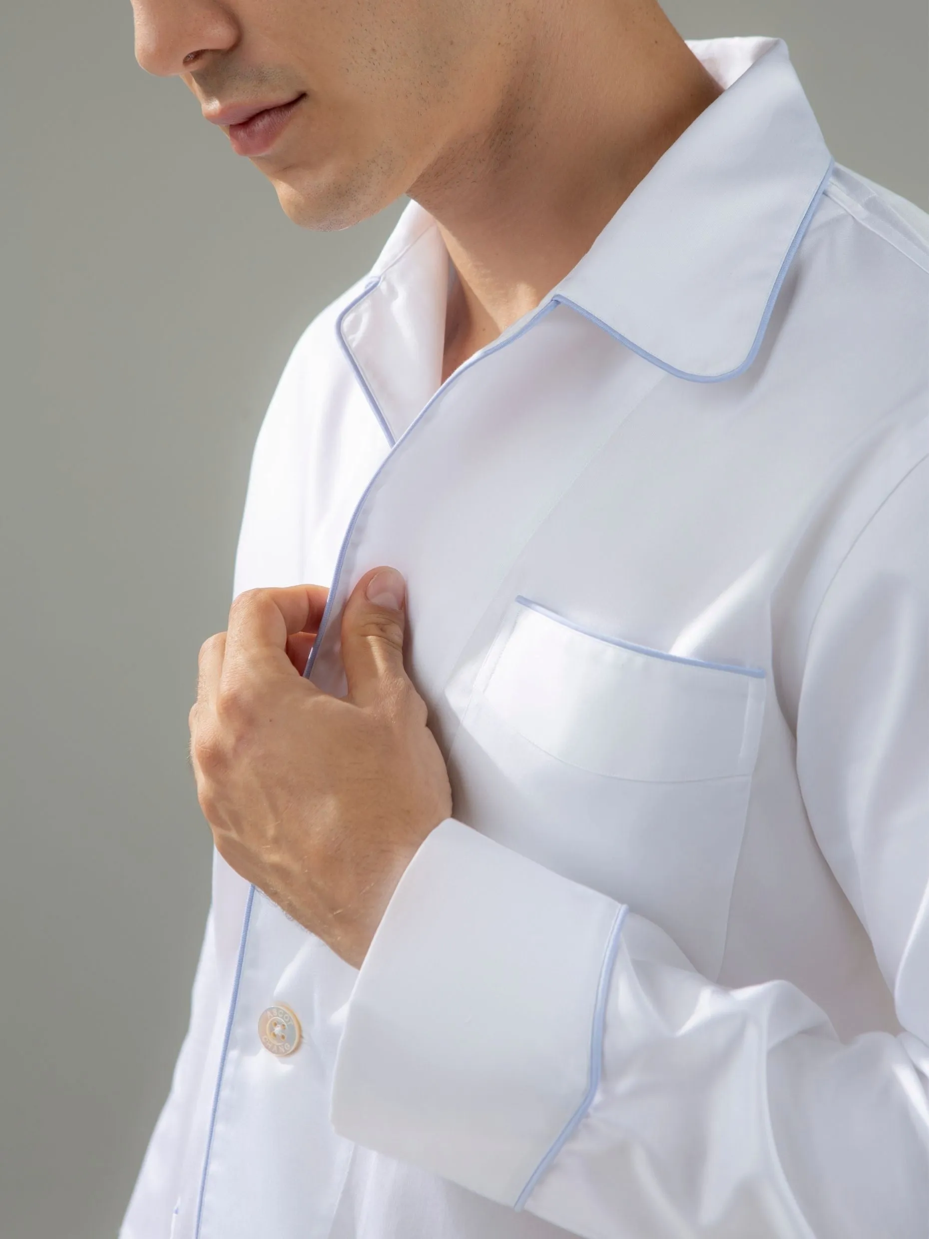 120s Cotton Twill White with Blue Piping Pajamas