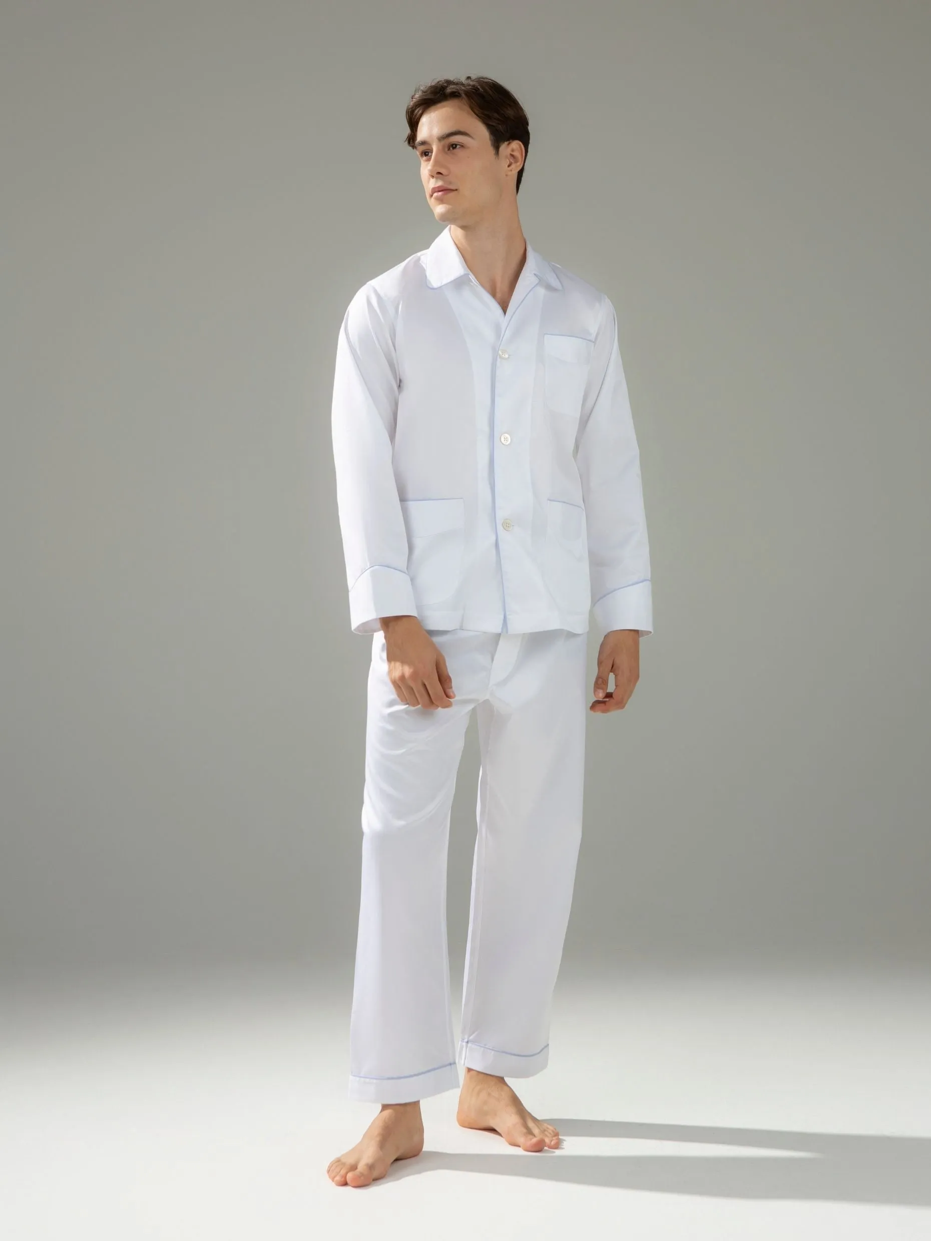 120s Cotton Twill White with Blue Piping Pajamas