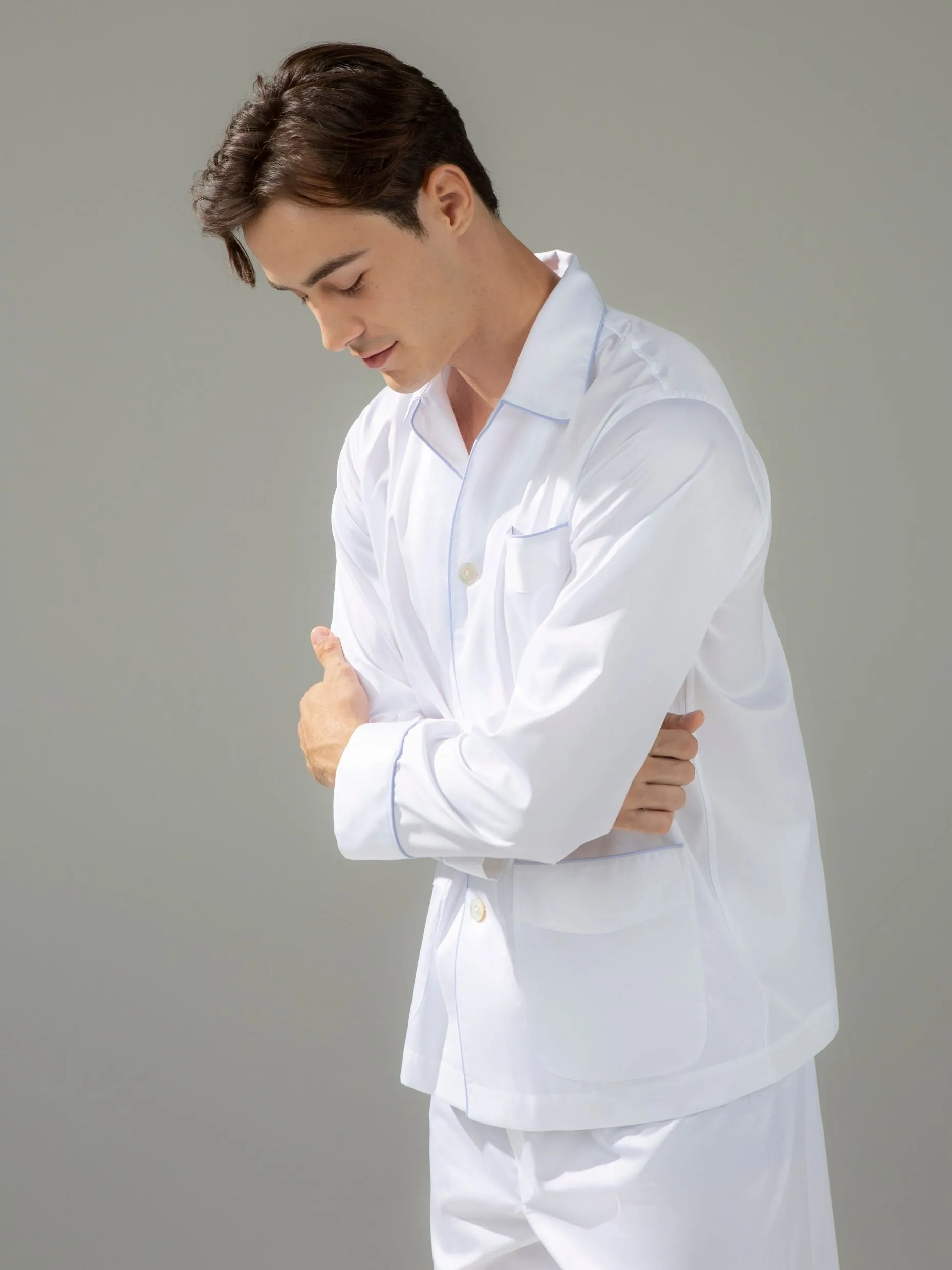 120s Cotton Twill White with Blue Piping Pajamas
