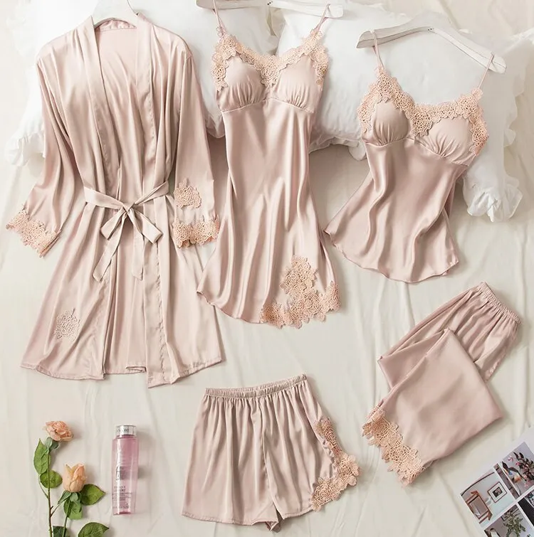 5PCS Robe Sleep Suit Pajamas Set Sexy Lace Stain Red Pajamas Women Silk Pyjamas Dressing Gown Summer Robe Sleepwear Chest Pads
