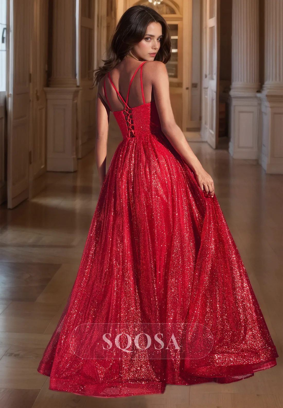 A-Line Sweetheart Spaghetti Straps Evening Party Dress Sleeveless Glitter Lace with Pleated Prom Dress
