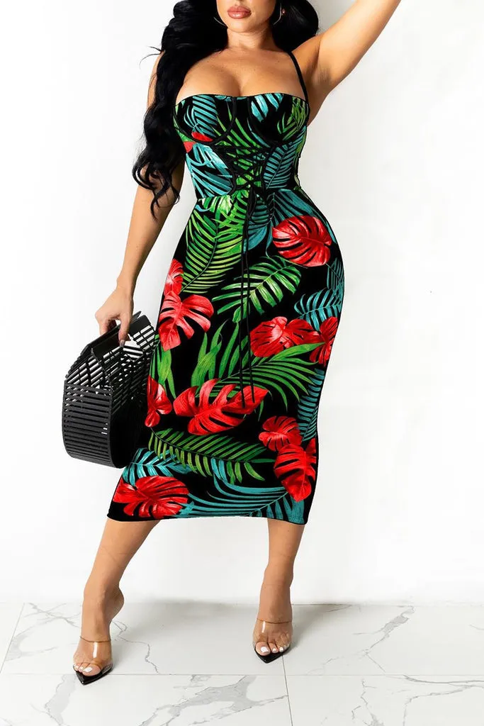 Bandage Leaf Print Sleeveless Midi Dress
