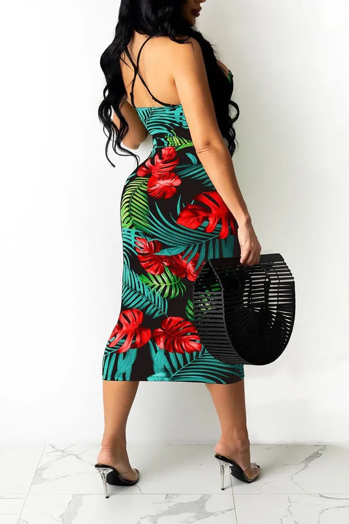 Bandage Leaf Print Sleeveless Midi Dress