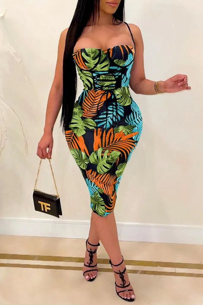 Bandage Leaf Print Sleeveless Midi Dress