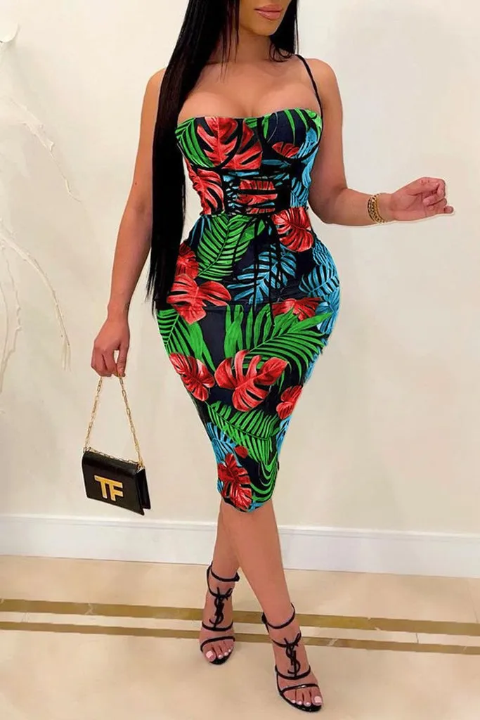 Bandage Leaf Print Sleeveless Midi Dress