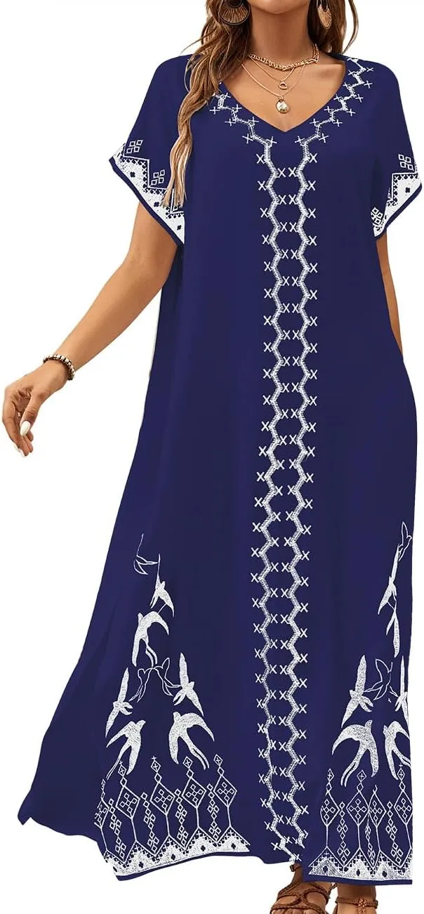 Bsubseach Kaftan Dresses for Women Swimsuit Coverup Beach Caftans Cover Ups for Swimwear Loungewear Bird Embroidery