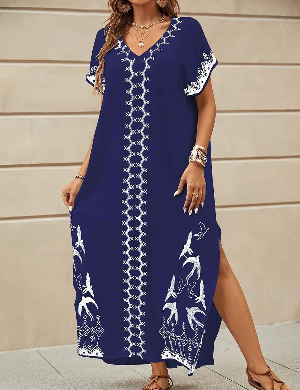 Bsubseach Kaftan Dresses for Women Swimsuit Coverup Beach Caftans Cover Ups for Swimwear Loungewear Bird Embroidery