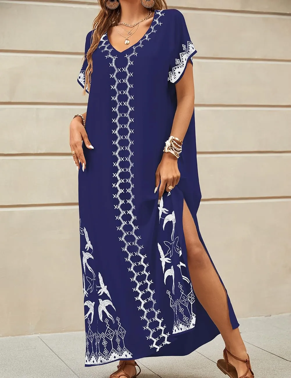 Bsubseach Kaftan Dresses for Women Swimsuit Coverup Beach Caftans Cover Ups for Swimwear Loungewear Bird Embroidery