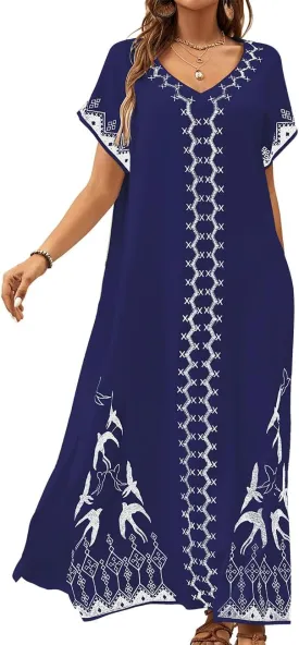 Bsubseach Kaftan Dresses for Women Swimsuit Coverup Beach Caftans Cover Ups for Swimwear Loungewear Bird Embroidery