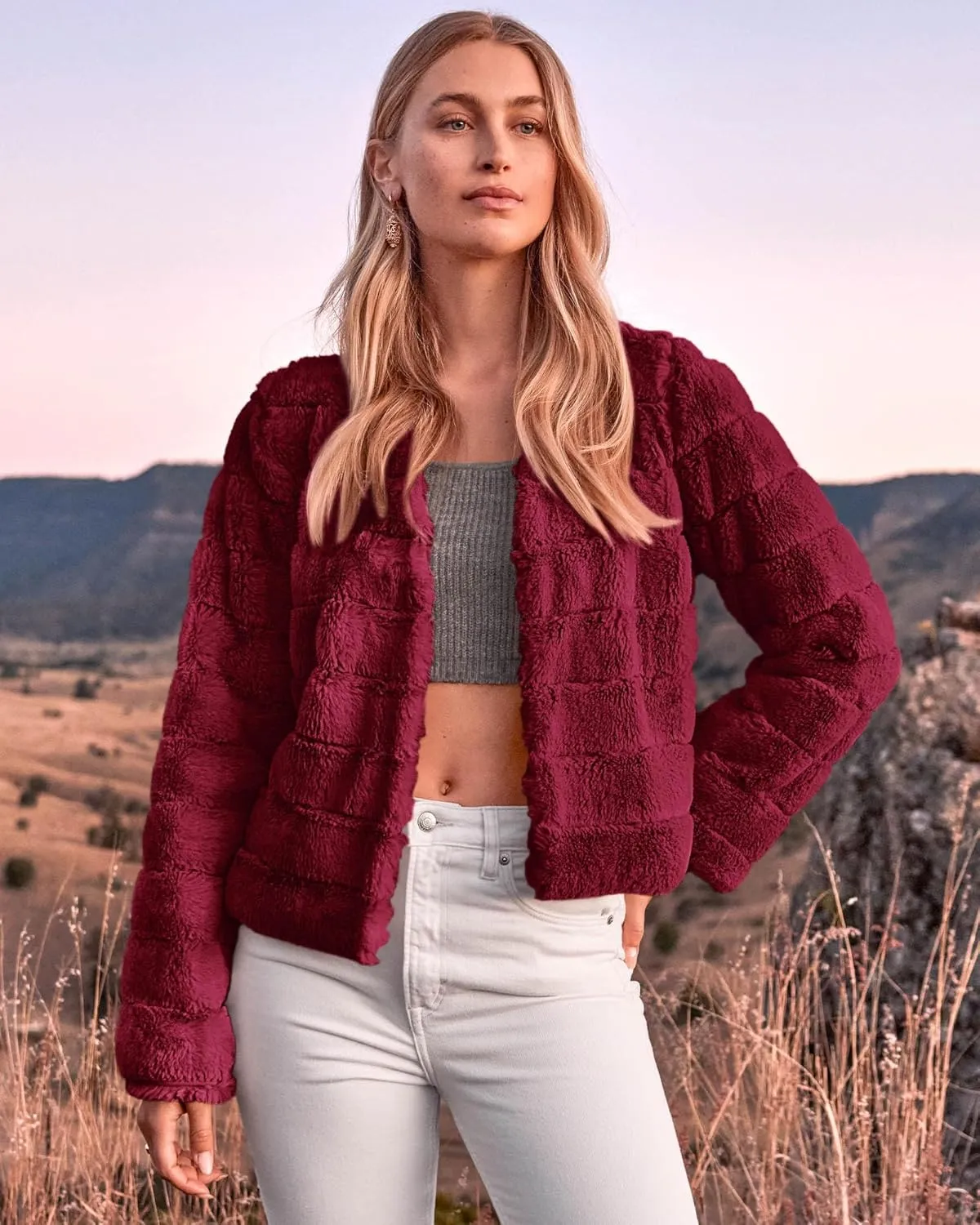 BTFBM Womens Faux Fur Cropped Jacket Fall Winter Fashion 2025 Soft Long Sleeve Open Front Fluffy Short Coat Outerwear