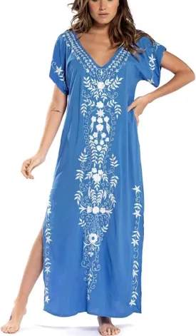 Busbseach Caftan Dresses for Women Embroidery Short Sleeve Beach Cover Up V Neck Maxi Kaftan Dress