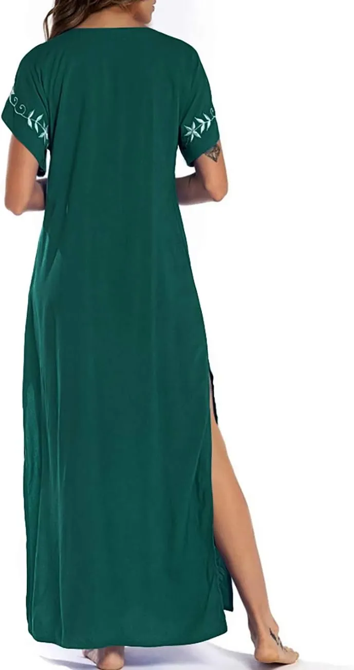 Busbseach Caftan Dresses for Women Embroidery Short Sleeve Beach Cover Up V Neck Maxi Kaftan Dress