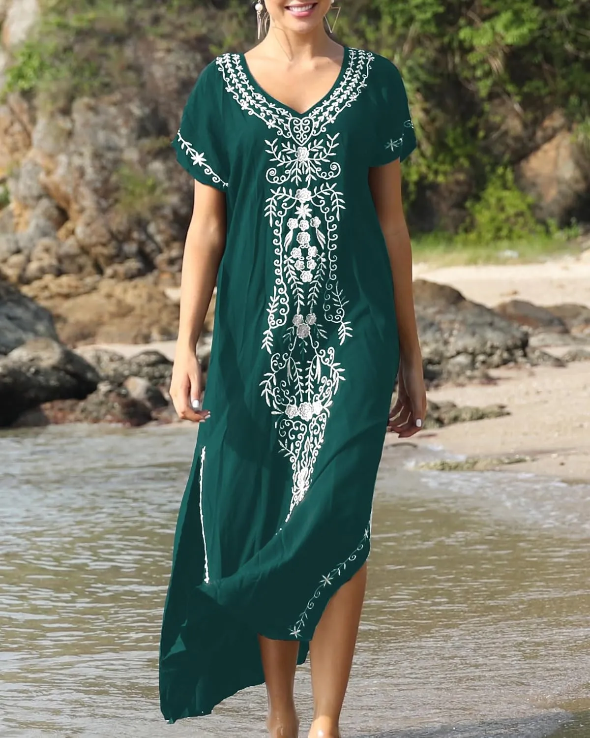 Busbseach Caftan Dresses for Women Embroidery Short Sleeve Beach Cover Up V Neck Maxi Kaftan Dress