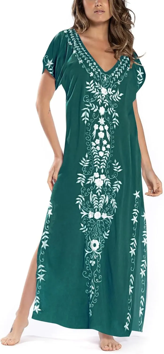 Busbseach Caftan Dresses for Women Embroidery Short Sleeve Beach Cover Up V Neck Maxi Kaftan Dress
