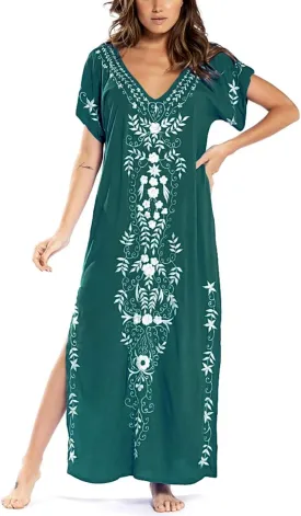 Busbseach Caftan Dresses for Women Embroidery Short Sleeve Beach Cover Up V Neck Maxi Kaftan Dress