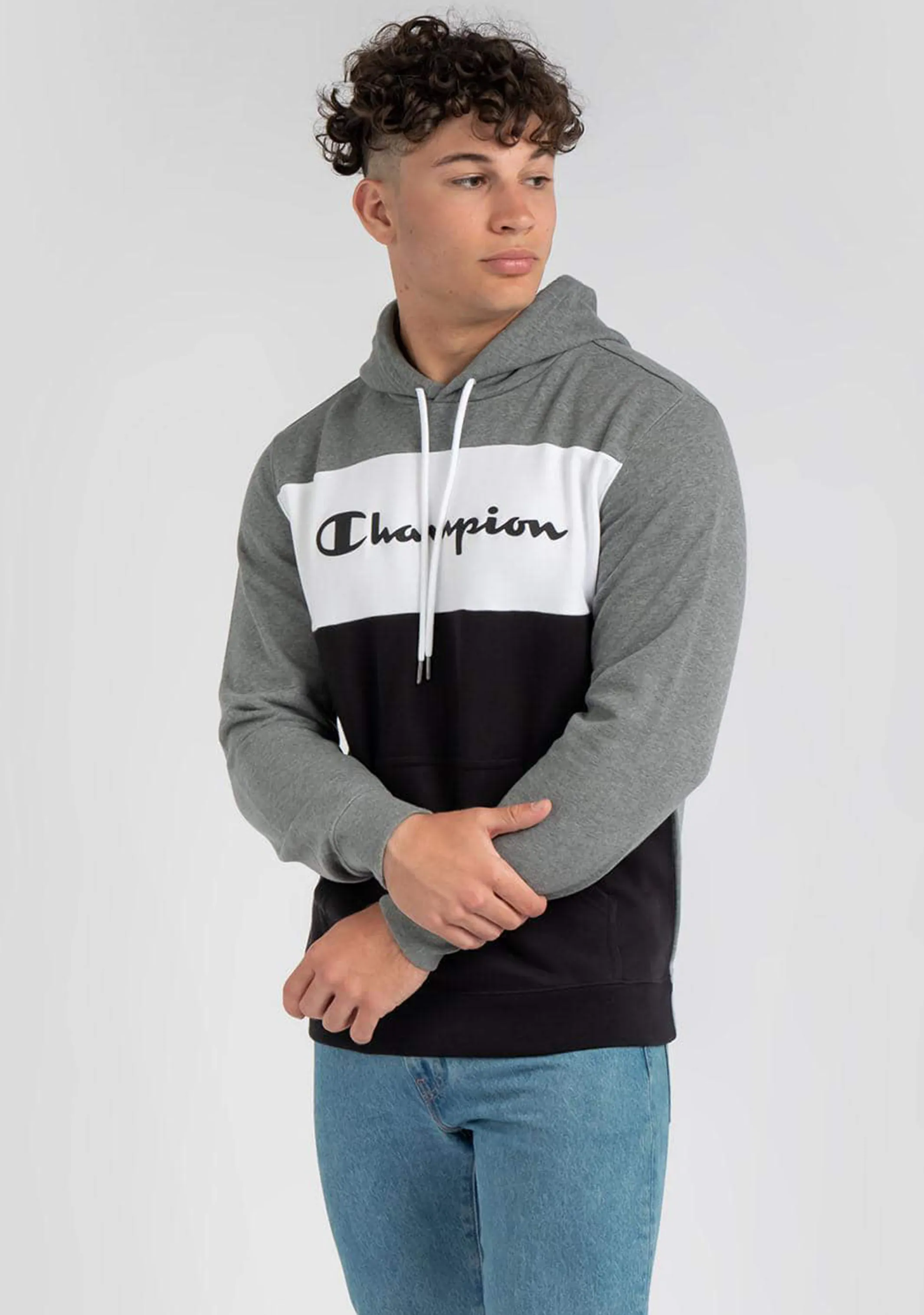 Champion Mens EU Roch Colourblock Hoodie Grey/black <br> AVX3A1 BXM