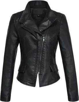 chouyatou Women's Stylish Oblique Zip Slim Faux Leather Biker Outerwear Jacket