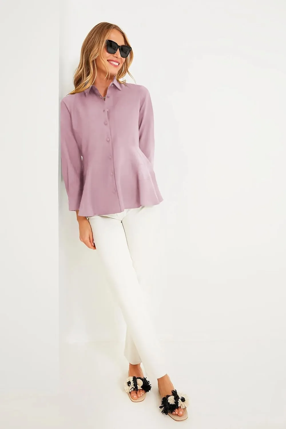 Cicy Bell Women's Button Down Shirts Collared V Neck Long Sleeve Peplum Tiered Blouse Tops