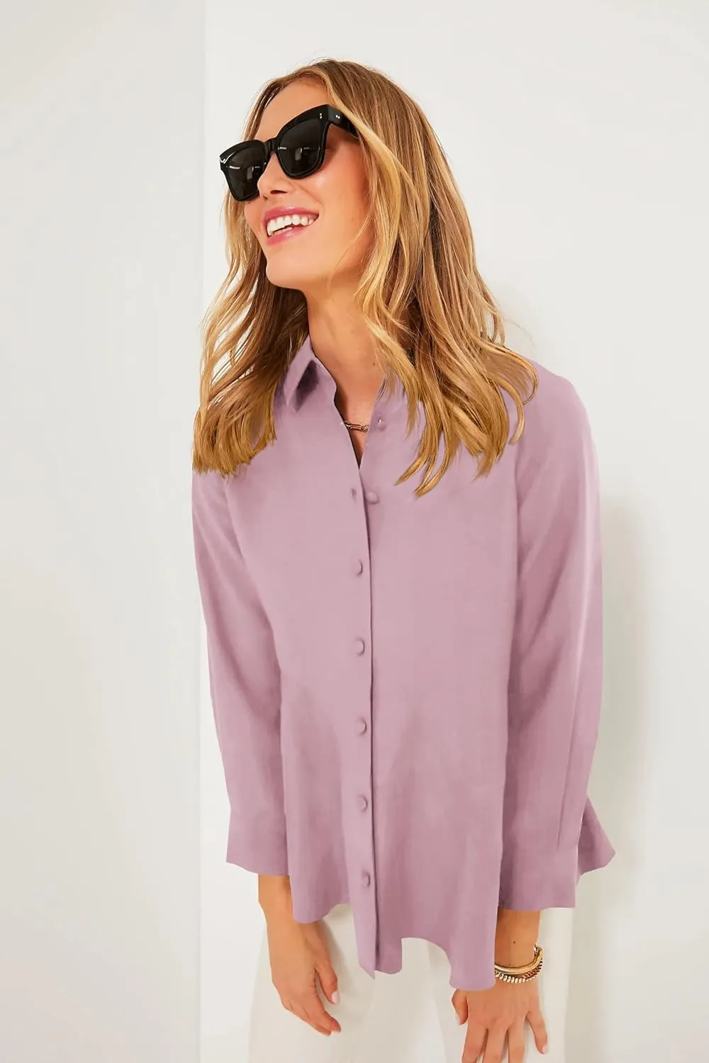 Cicy Bell Women's Button Down Shirts Collared V Neck Long Sleeve Peplum Tiered Blouse Tops