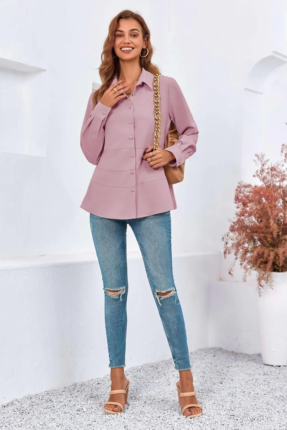 Cicy Bell Women's Button Down Shirts Collared V Neck Long Sleeve Peplum Tiered Blouse Tops