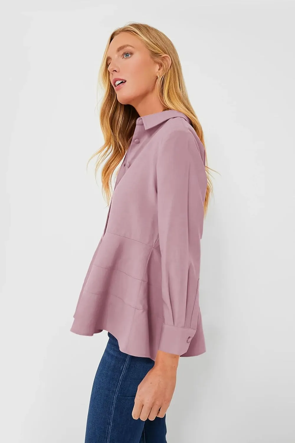 Cicy Bell Women's Button Down Shirts Collared V Neck Long Sleeve Peplum Tiered Blouse Tops