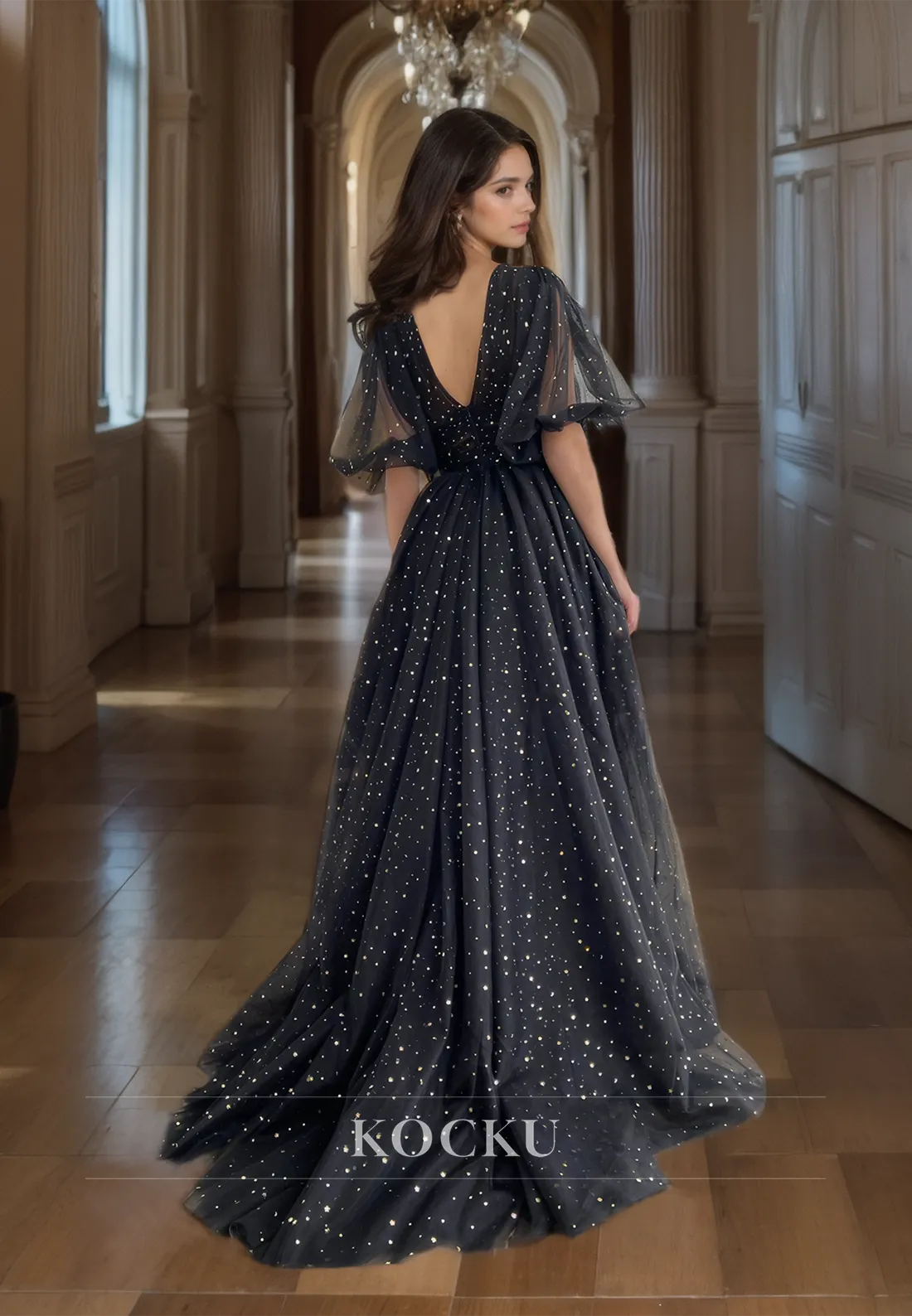 Classic A-Line V-Neck Half Sleeves Bowknots Slit Lace Prom Dress with Train