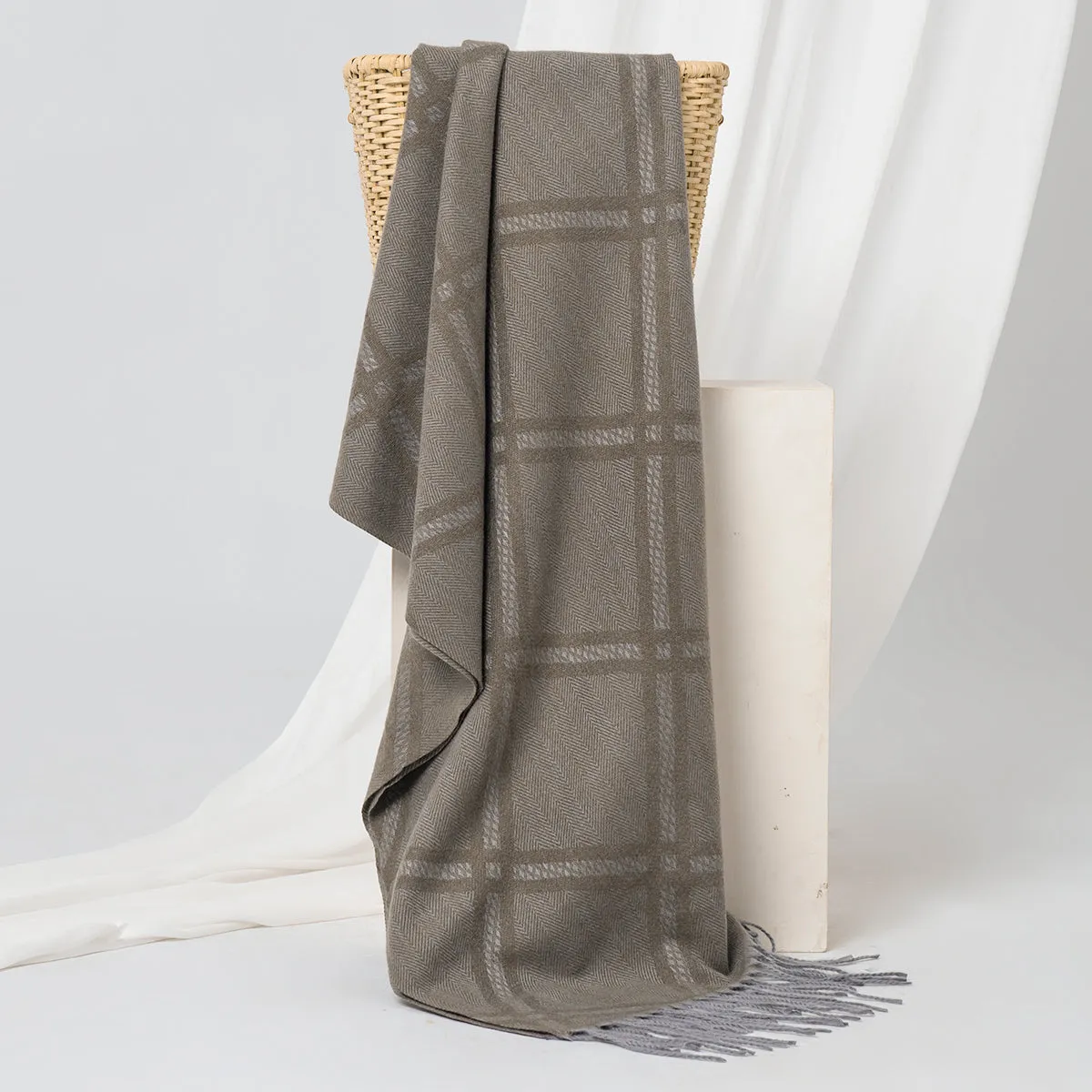 Crisscross Woolen Cashmere Stoles - Stone
