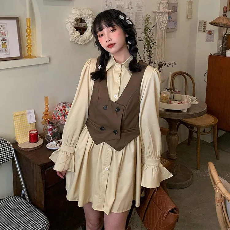 Elegant Vintage Double-Breasted Vest Ruffled Dress Set