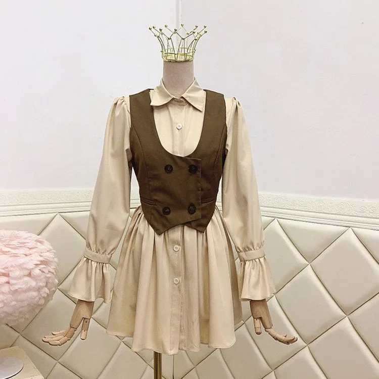Elegant Vintage Double-Breasted Vest Ruffled Dress Set