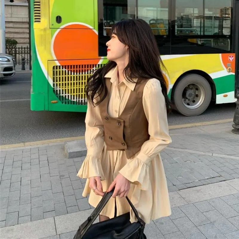 Elegant Vintage Double-Breasted Vest Ruffled Dress Set