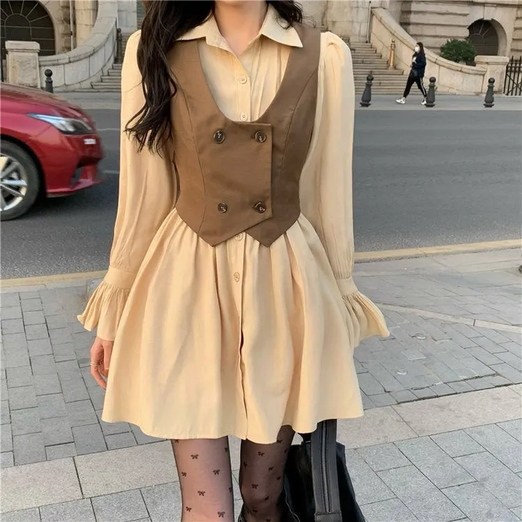 Elegant Vintage Double-Breasted Vest Ruffled Dress Set