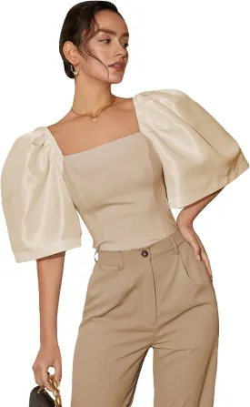 Floerns Women's Square Neck Puff Short Sleeve Elegant Blouse Crop Top