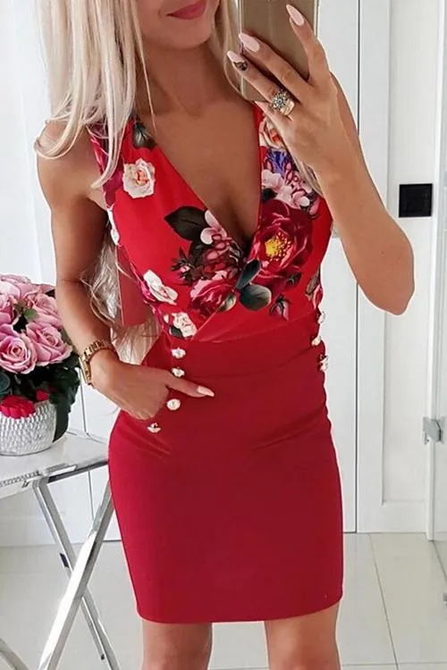 Floral Deep V Neck Sleeveless Bodycon Dress