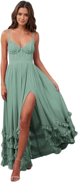 Floral Printed Chiffon Prom Dress with Silt Spaghetti Straps Ball Gown Ruffle Hem Long Formal Evening Party Dress