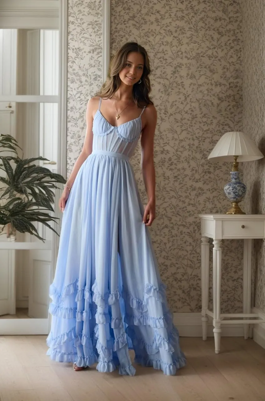 Floral Printed Chiffon Prom Dress with Silt Spaghetti Straps Ball Gown Ruffle Hem Long Formal Evening Party Dress