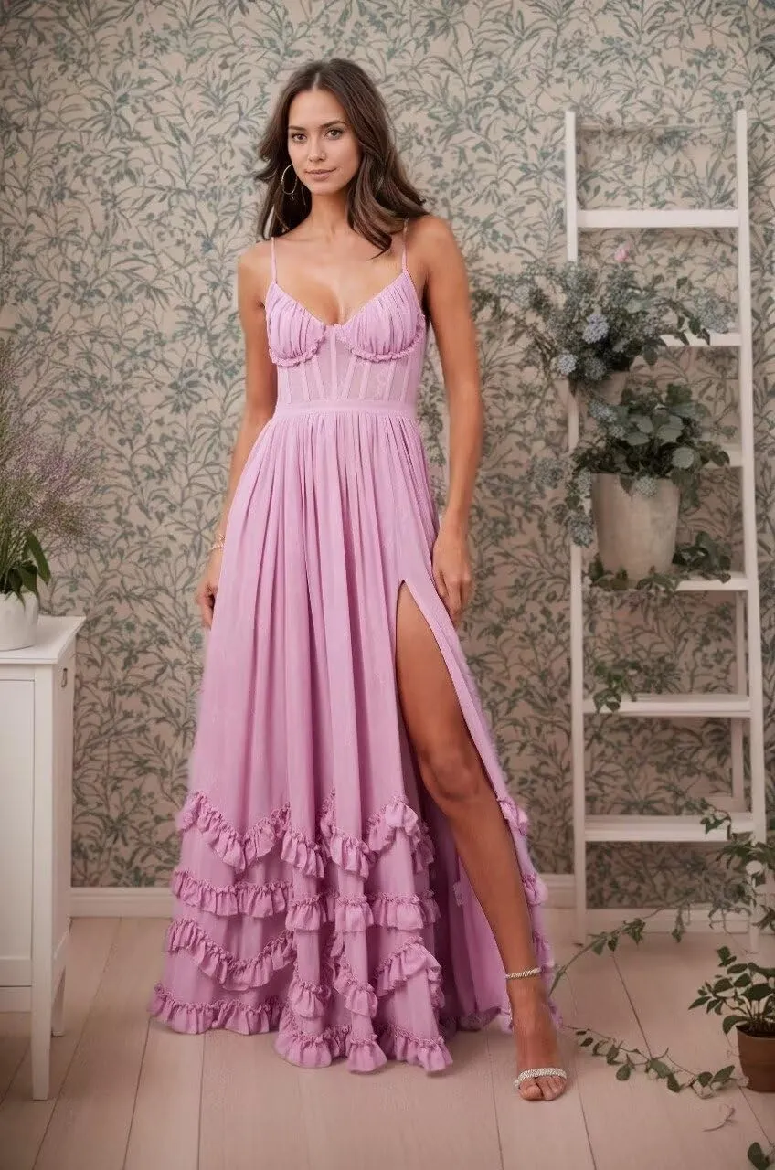 Floral Printed Chiffon Prom Dress with Silt Spaghetti Straps Ball Gown Ruffle Hem Long Formal Evening Party Dress