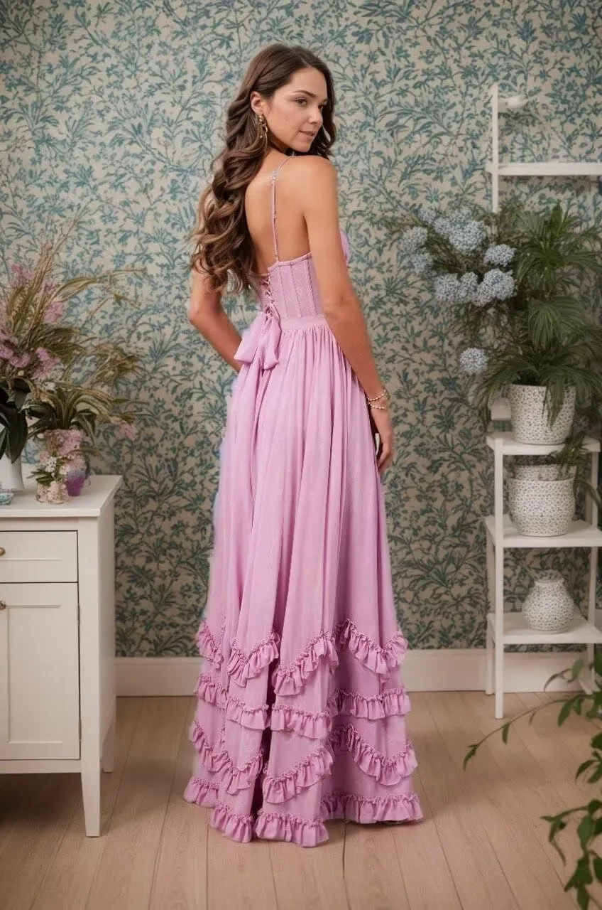 Floral Printed Chiffon Prom Dress with Silt Spaghetti Straps Ball Gown Ruffle Hem Long Formal Evening Party Dress