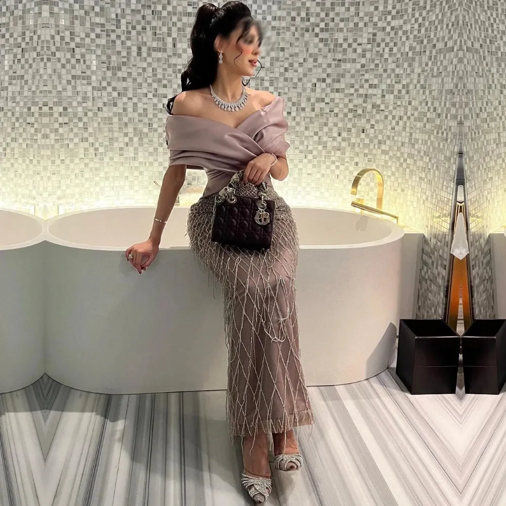 Girlary CustomizedProm  Dress V Neckline Evening Gowns Off The Shoulder Occasion Formal Luxury Sheath Beads Robes De Bal Vestidos
