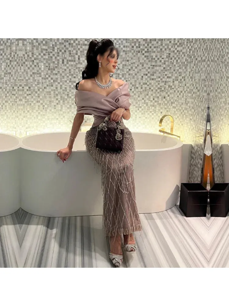 Girlary CustomizedProm  Dress V Neckline Evening Gowns Off The Shoulder Occasion Formal Luxury Sheath Beads Robes De Bal Vestidos