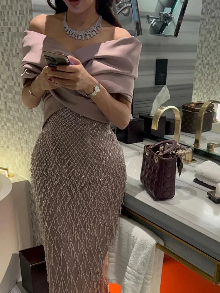 Girlary CustomizedProm  Dress V Neckline Evening Gowns Off The Shoulder Occasion Formal Luxury Sheath Beads Robes De Bal Vestidos