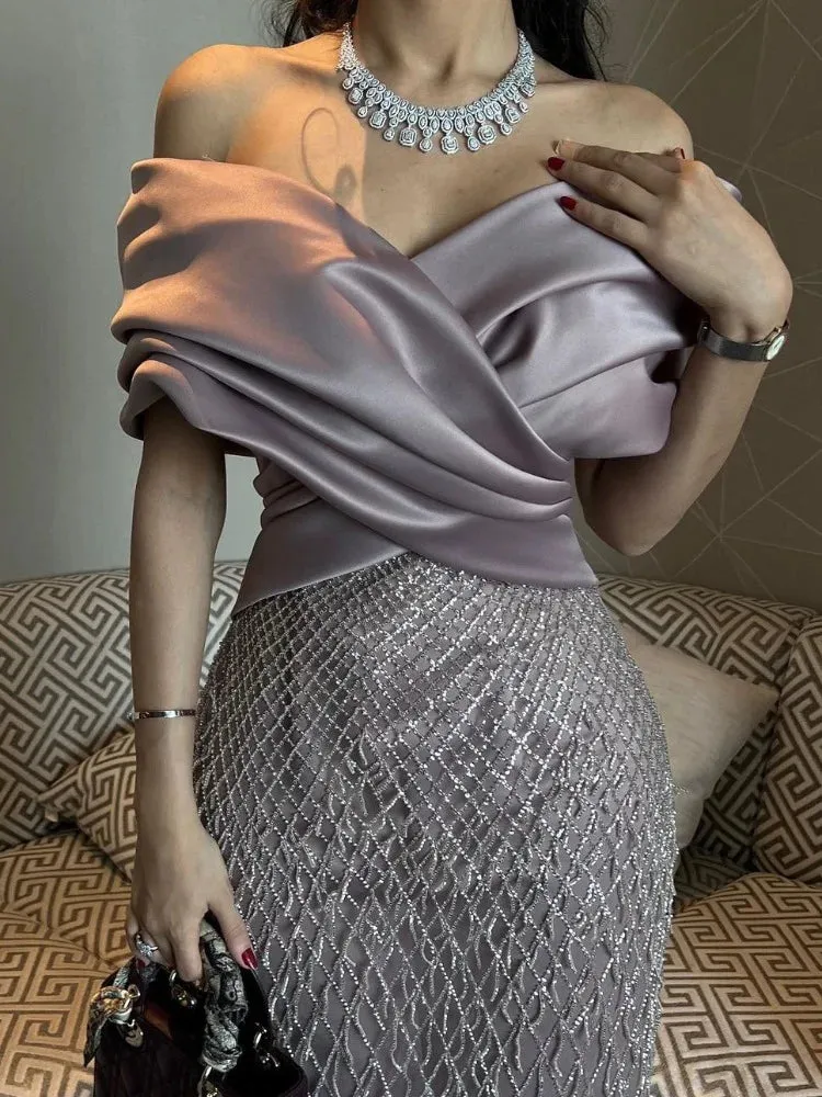 Girlary CustomizedProm  Dress V Neckline Evening Gowns Off The Shoulder Occasion Formal Luxury Sheath Beads Robes De Bal Vestidos