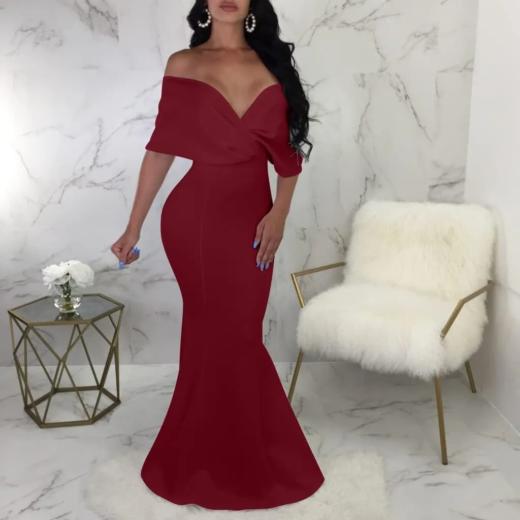 GOBLES Women Sexy V Neck Off The Shoulder Evening Gown Fishtail Maxi Dress