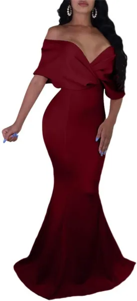 GOBLES Women Sexy V Neck Off The Shoulder Evening Gown Fishtail Maxi Dress