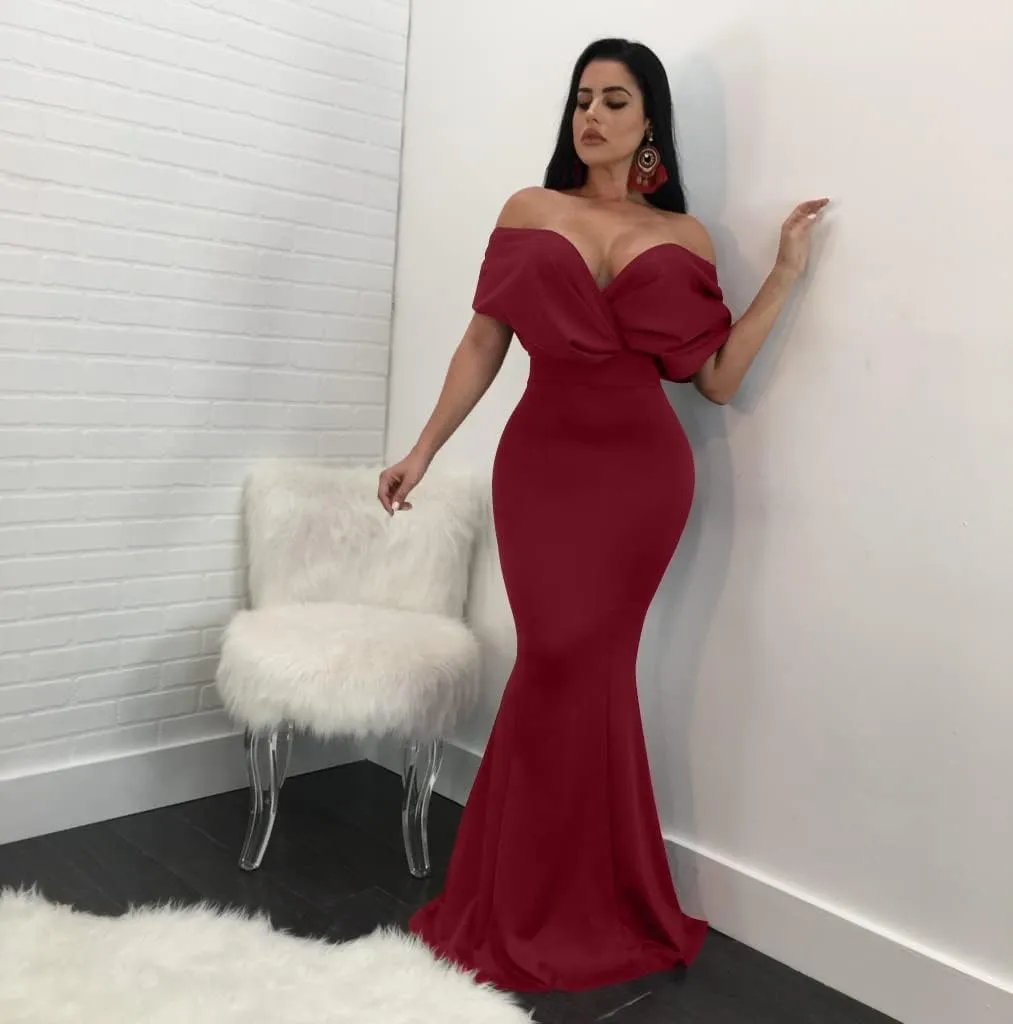 GOBLES Women Sexy V Neck Off The Shoulder Evening Gown Fishtail Maxi Dress