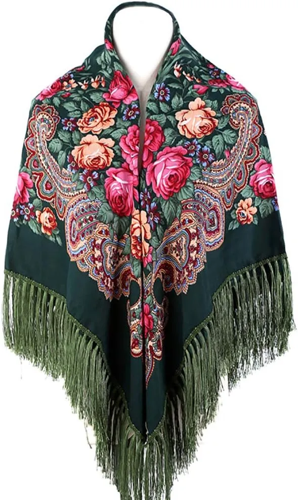 Gudessly Women's Traditional Scarf Wrap Tassel Shawl Fringes Neck Head Shawl Retro Scarf Floral Poncho