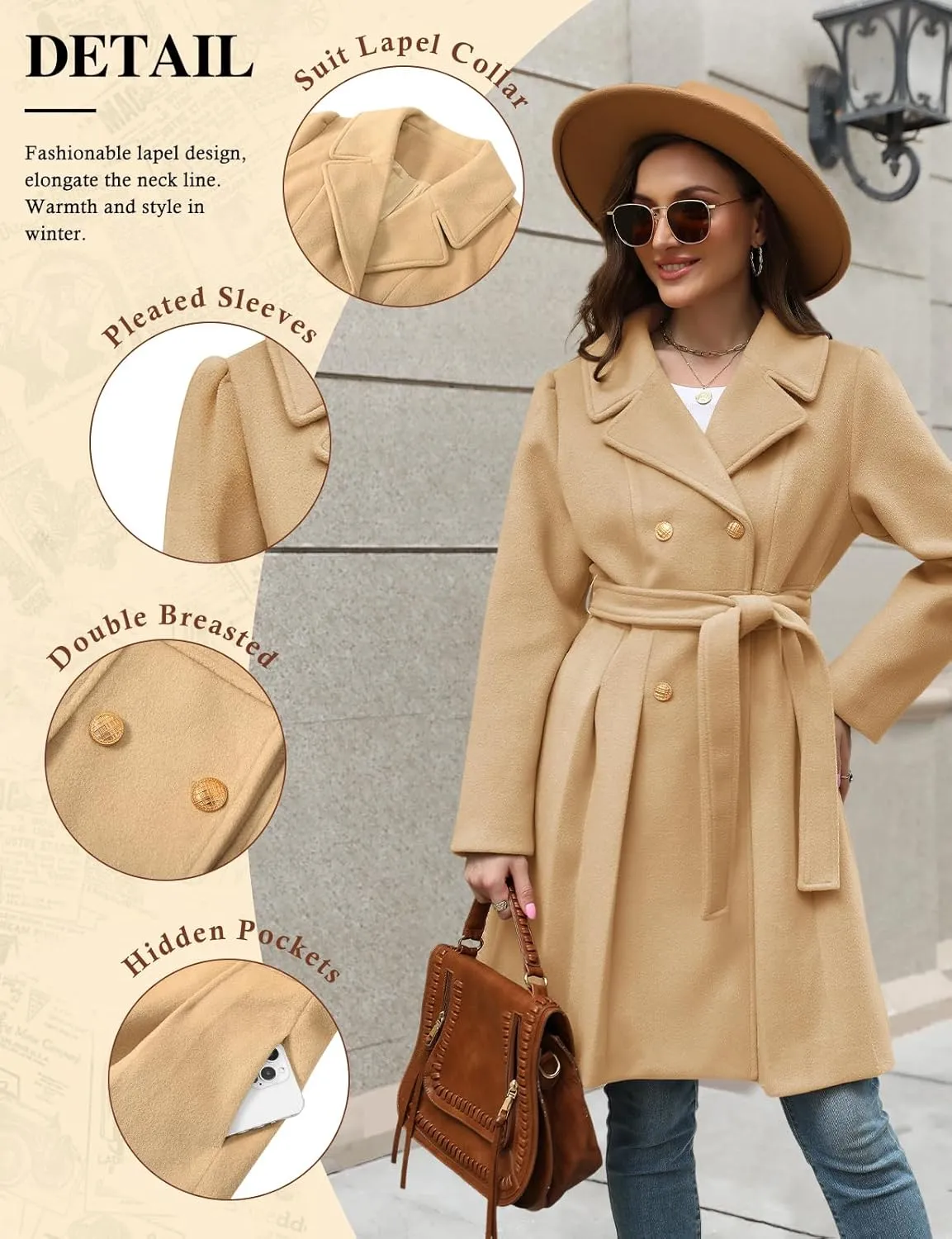 HEEKPEK Women??s Wool Blend Trench Coat Slim Double Breasted Notch Lapel Pea Coat Thick A Line Jacket with Pockets(S-XXL)
