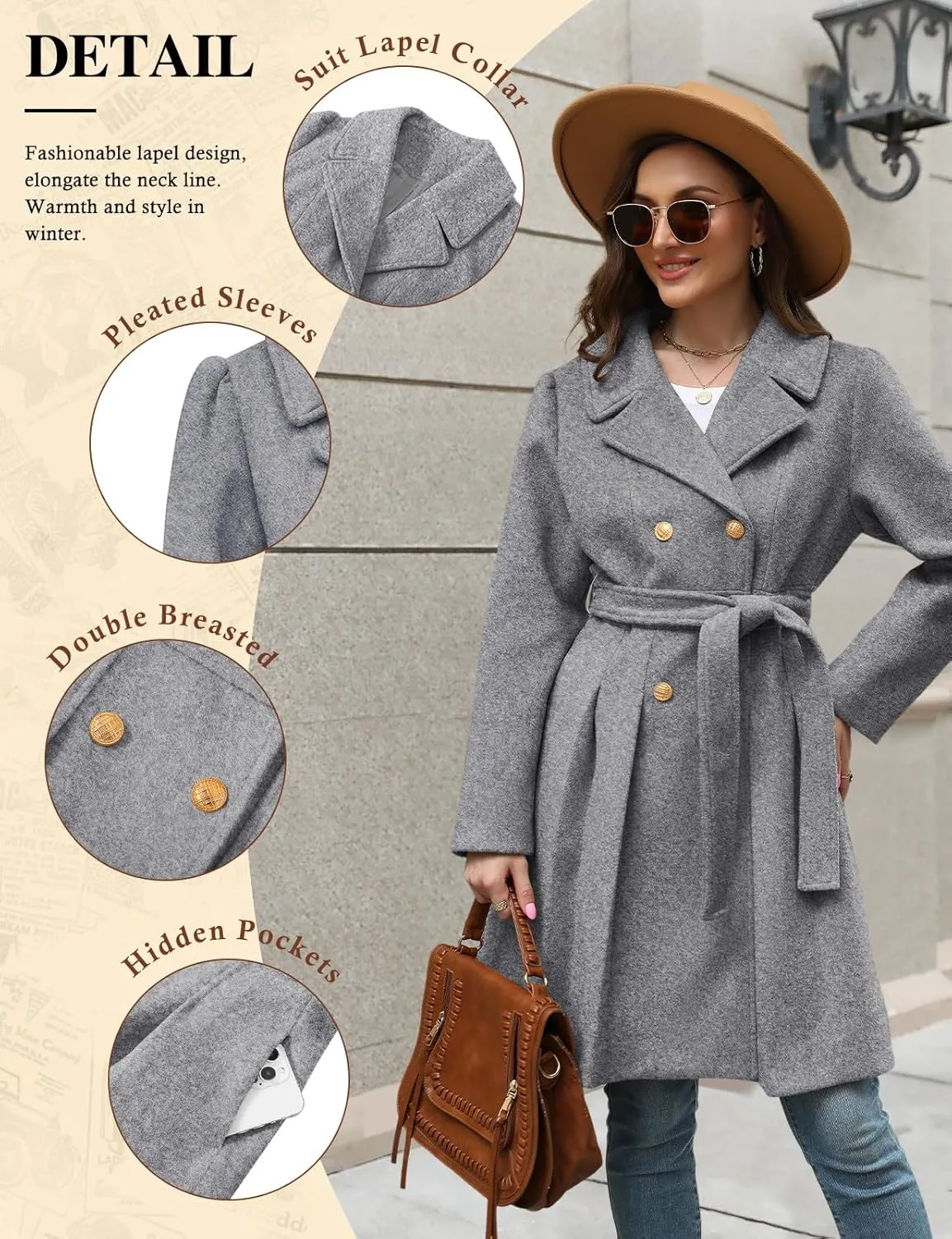 HEEKPEK Women??s Wool Blend Trench Coat Slim Double Breasted Notch Lapel Pea Coat Thick A Line Jacket with Pockets(S-XXL)