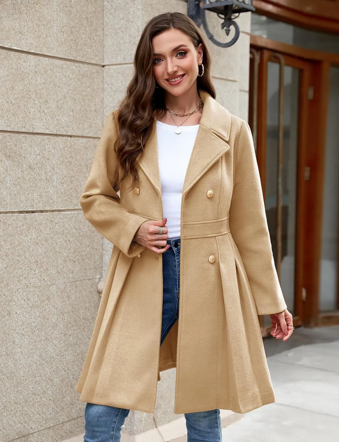 HEEKPEK Women??s Wool Blend Trench Coat Slim Double Breasted Notch Lapel Pea Coat Thick A Line Jacket with Pockets(S-XXL)