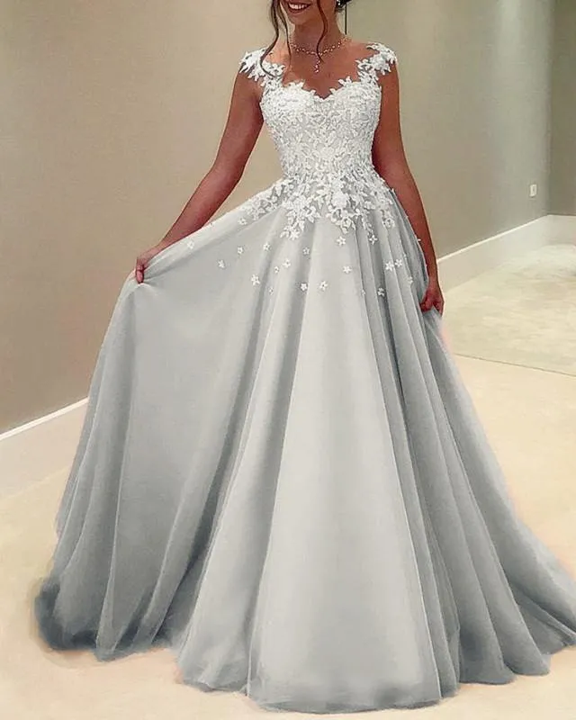 Illusion Neckline Prom Dresses Long Lace Appliques